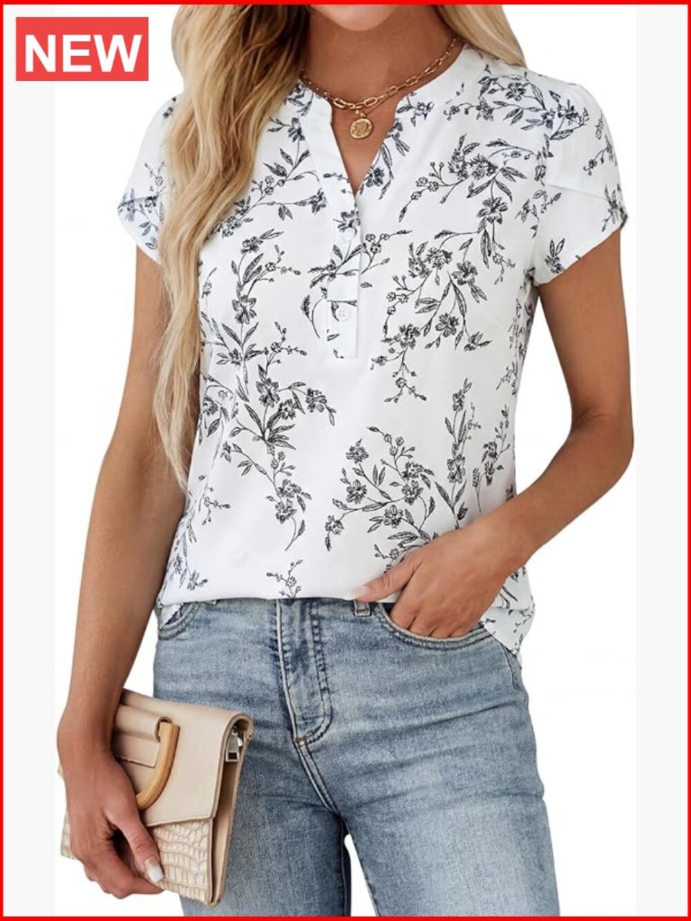 Dressy Casual Blouse with Cap Sleeve and V Neck, Button Down Business Work Top